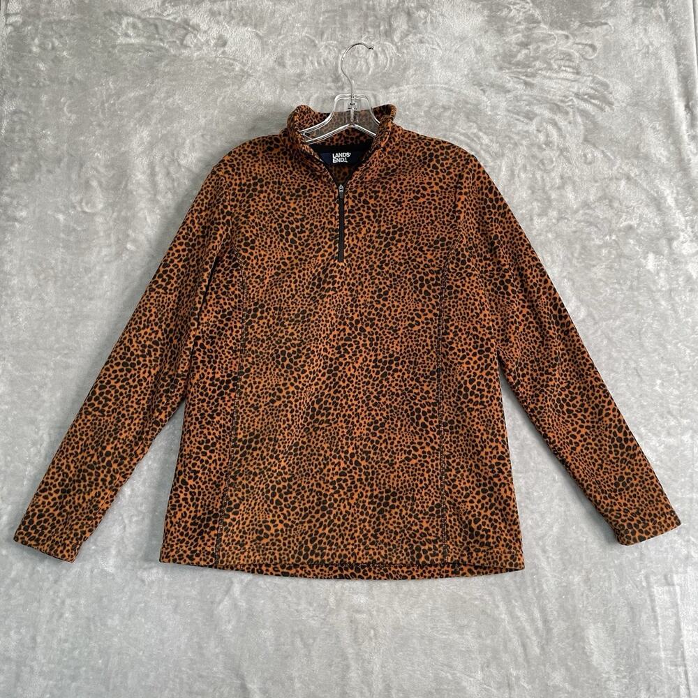 Lands End Fleece Pullover Womens Small 6-8 Leopard Print 1/4 Zip Orange Sweater